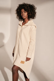 LONG ZIPPERED OVERSIZE HOODED SWEATSHIRT LIGHT BEIGE - IBIZA