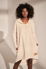 LONG ZIPPERED OVERSIZE HOODED SWEATSHIRT LIGHT BEIGE - IBIZA