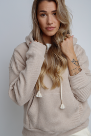 OVERSIZE HOODED KNITTED SWEATSHIRT BEIGE - ELITA