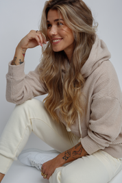 OVERSIZE HOODED KNITTED SWEATSHIRT BEIGE - ELITA