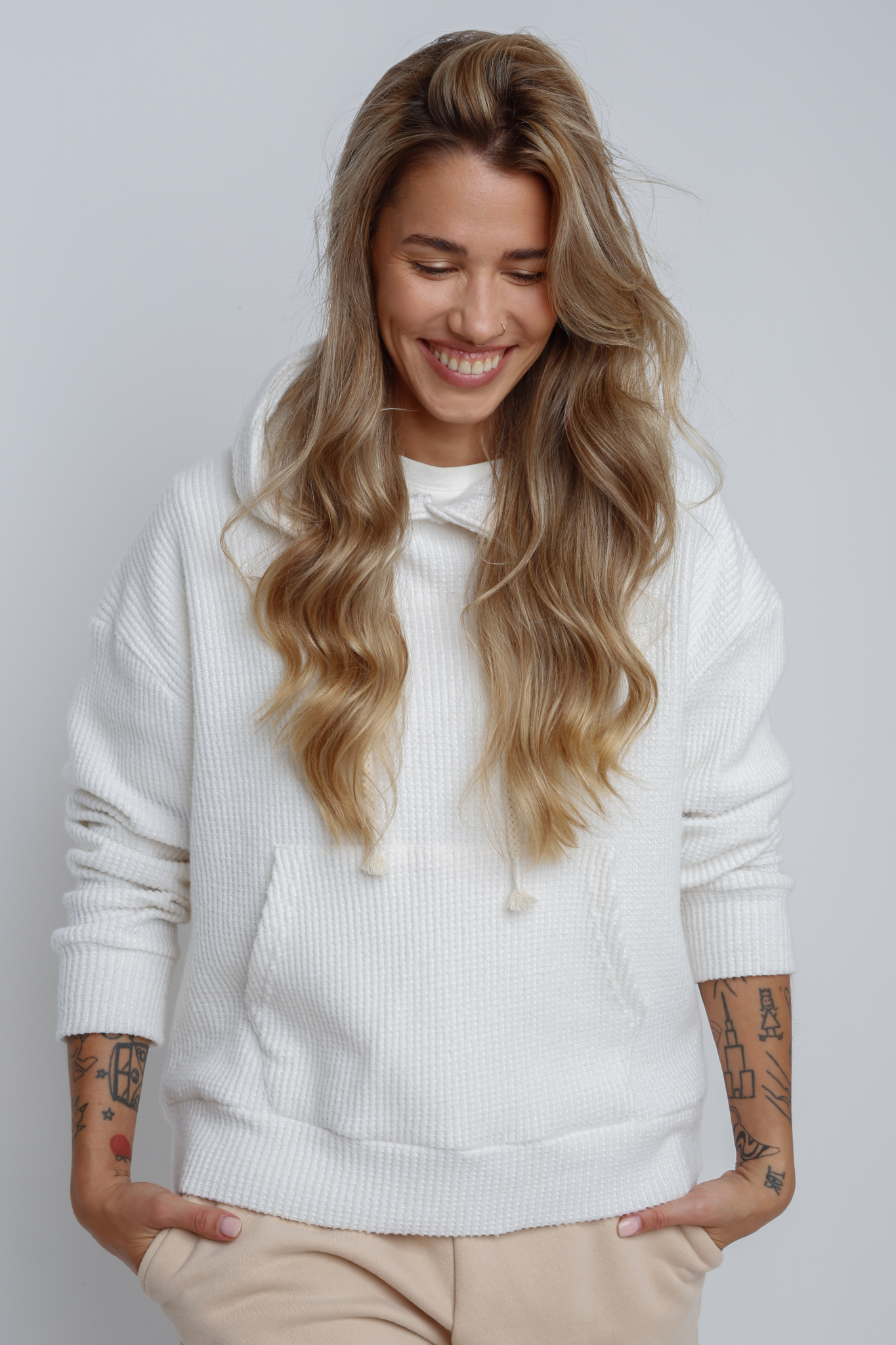 ECRU KNITTED OVERSIZE HOODED SWEATSHIRT - ELITA