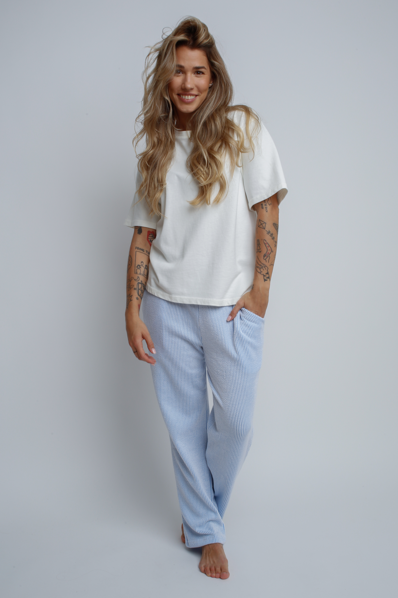 STRAIGHT FIT BLUE STRIPED TROUSERS - DENIZ