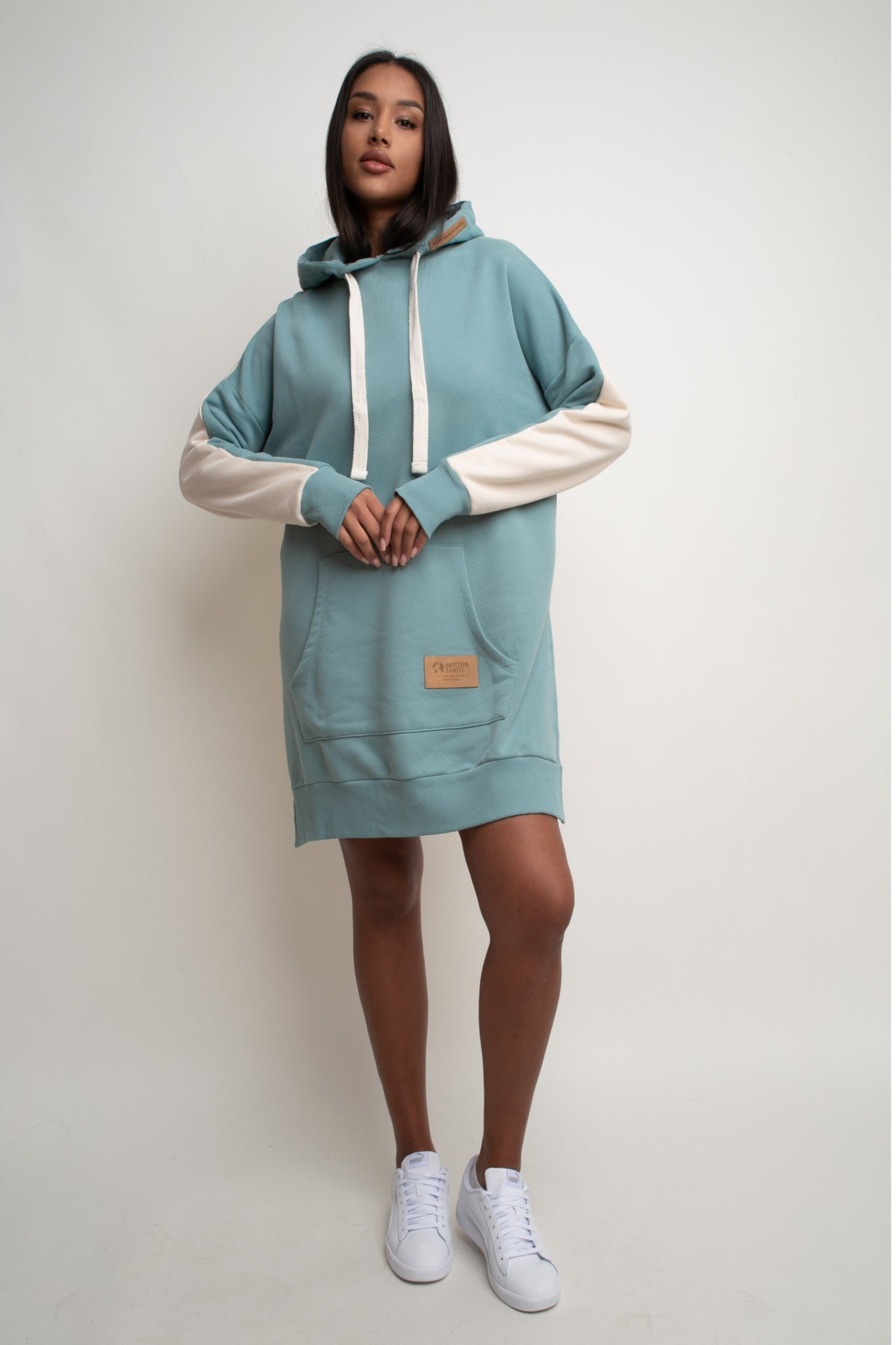 LONG HOODED SWEATSHIRT TURQUOISE ECRU - SIKOKU