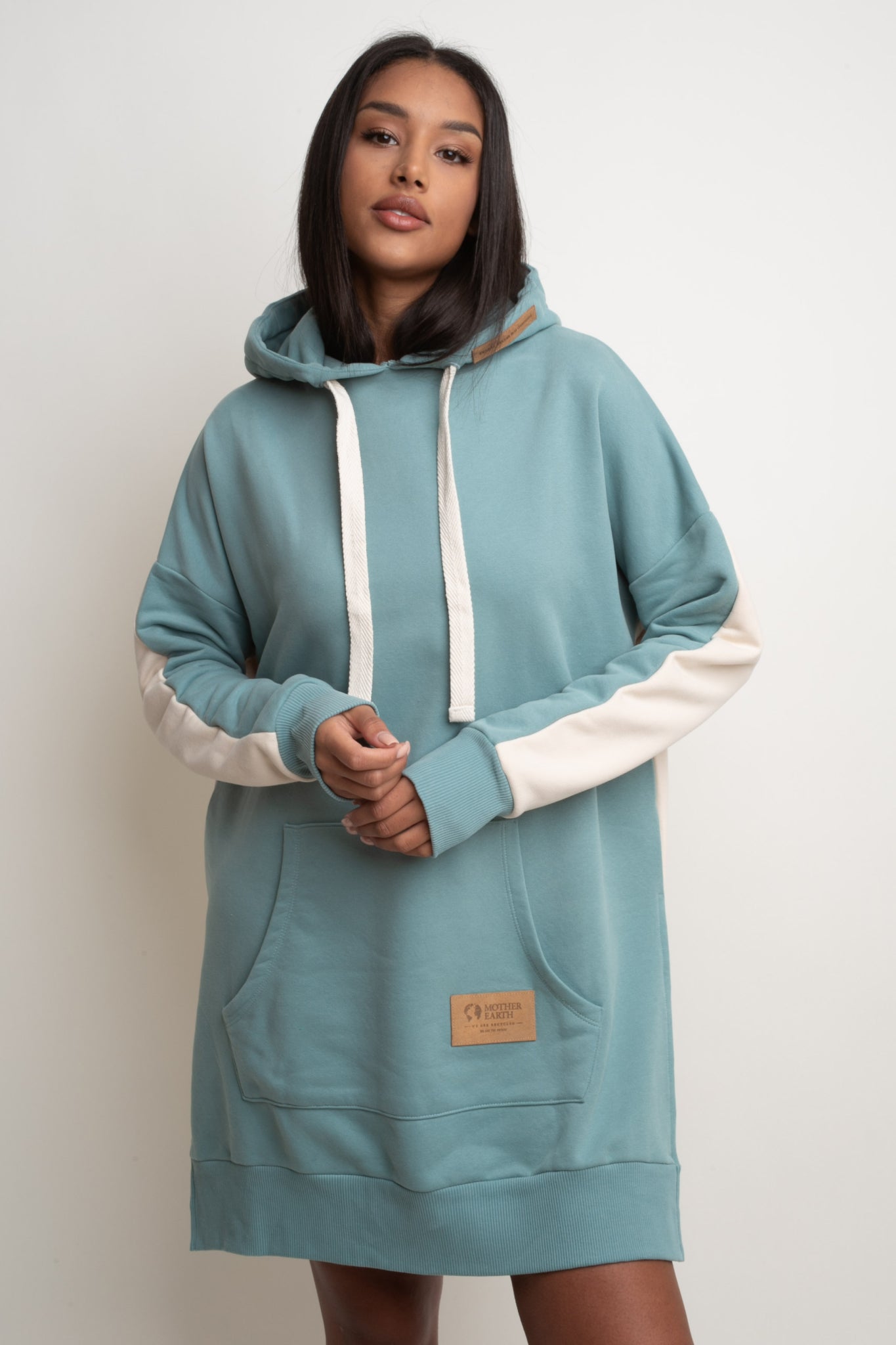 LONG HOODED SWEATSHIRT TURQUOISE ECRU - SIKOKU