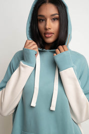 LONG HOODED SWEATSHIRT TURQUOISE ECRU - SIKOKU