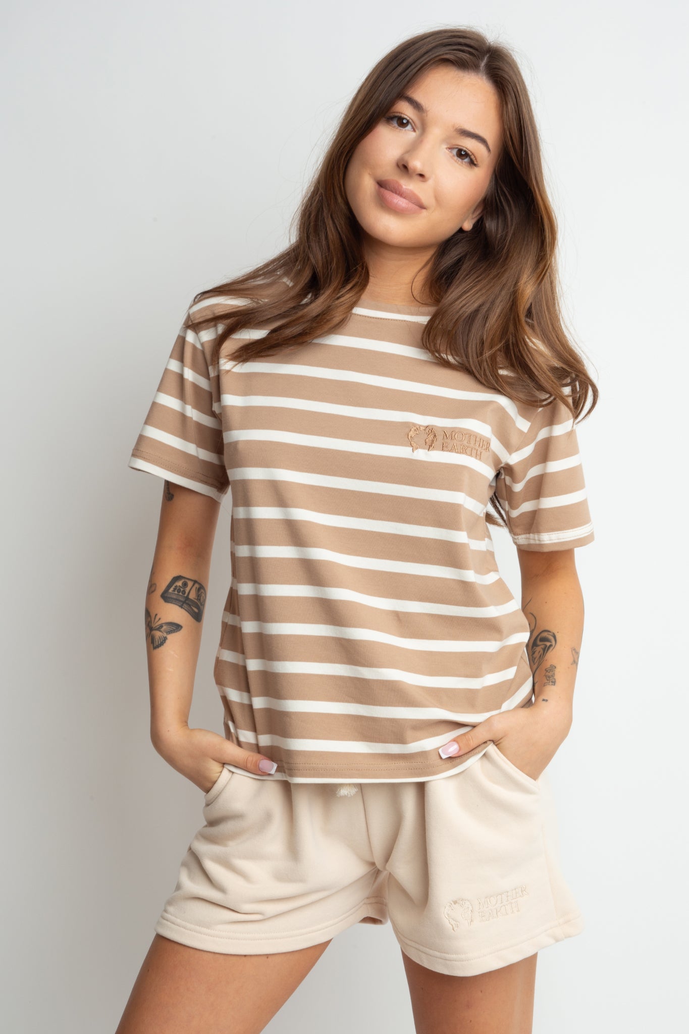 BROWN-ECRU STRIPED T-SHIRT - SAMUM