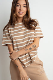 BROWN-ECRU STRIPED T-SHIRT - SAMUM