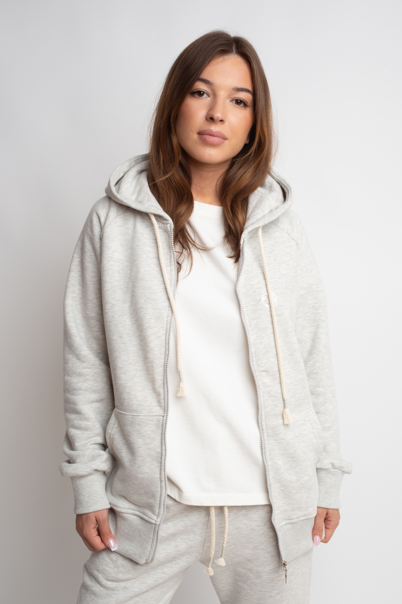 LIGHT GREY MELANGE HOODED ZIPPER - ARINA