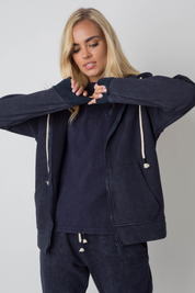 WASHED EFFECT HOODED ZIPPER, NAVY BLUE - DELTA