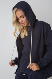 WASHED EFFECT HOODED ZIPPER, NAVY BLUE - DELTA