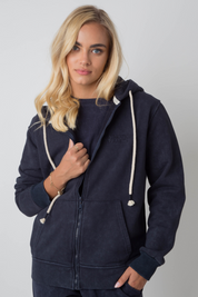 WASHED EFFECT HOODED ZIPPER, NAVY BLUE - DELTA