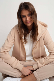 LONG ZIPPERED SWEATSHIRT WITH HOOD LIGHT BEIGE - LEUKADA