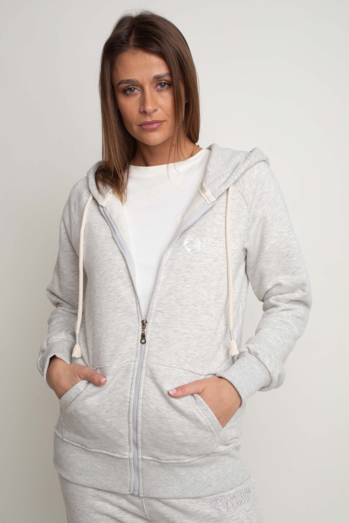 LIGHT GREY MELANGE HOODED ZIPPER - ARINA