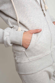 LIGHT GREY MELANGE HOODED ZIPPER - ARINA