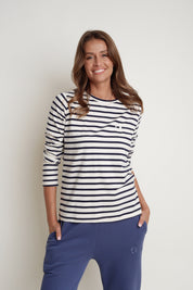 CREAM AND NAVY STRIPED LONG-SLEEVE BLOUSE - SOTAVENTO