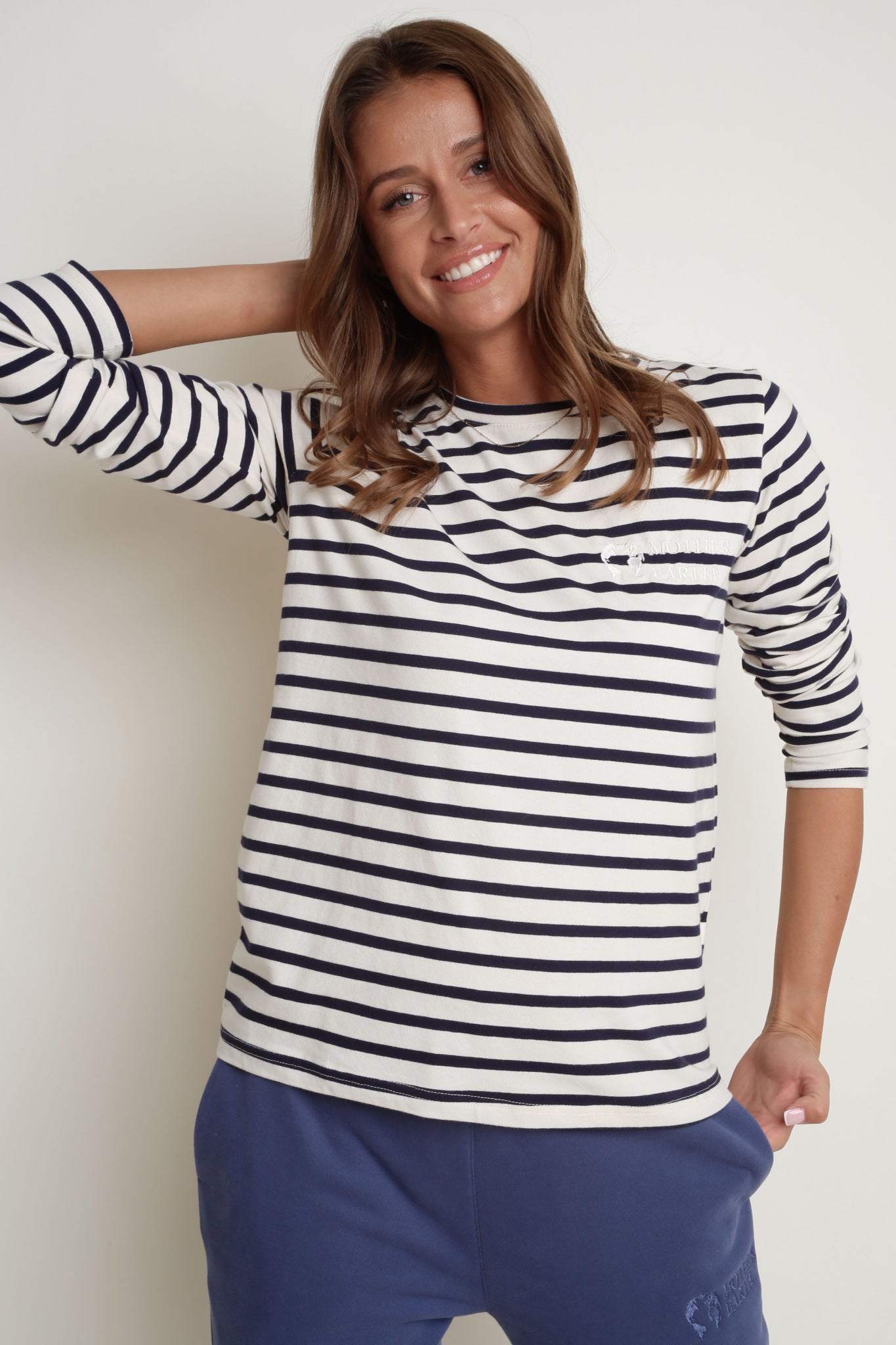 CREAM AND NAVY STRIPED LONG-SLEEVE BLOUSE - SOTAVENTO