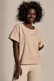 ASYMMETRIC T-SHIRT WITH LONG BACK IN SAND BEIGE - MINORKA