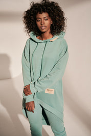 LONG ASYMMETRIC HOODED SWEATSHIRT TURQUOISE - MOZAMBIK